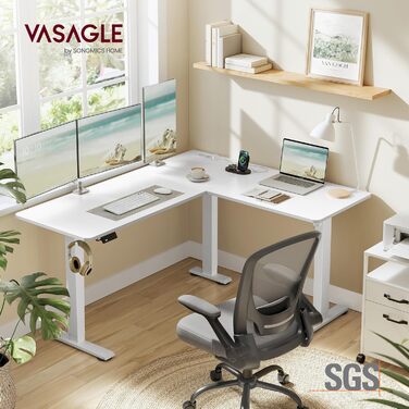 Електричний письмовий стіл з регульованою висотою, L-подібний кутовий стіл, 140 x 160 см, із зарядною станцією, функція пам&39яті з 2 висотами, для домашнього офісу, хмарно-білий-матово-білий LSD264W01 хмарно-білий матово-білий