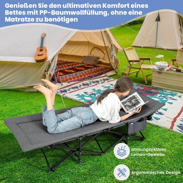 Розкладне ліжечко COSTWAY зі зручним бавовняним наповнювачем інтегрована подушка та матрац, розкладне кемпінгове ліжко, вантажопідйомність до 200 кг, розкладне ліжко з бічною кишенею, кемпінговий шезлонг з сумкою для перенесення, гостьове ліжко сірого кол