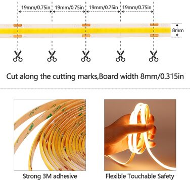 Світлодіодна стрічка GOMING 12 В COB тепла біла 3000K IP65 водонепроникна 5 м тепла біла світлодіодна стрічка 11 Вт / м 312 світлодіодів / м Самоклеюча світлодіодна стрічка CRI 93 Світлодіодна стрічка високої яскравості для внутрішнього та зовнішнього озд