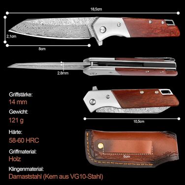 Кишеньковий дамаський ніж складаний ніж з затискачем для ременя, гострий одноручний ніж з лезом з дамаської сталі, дерев'яна ручка