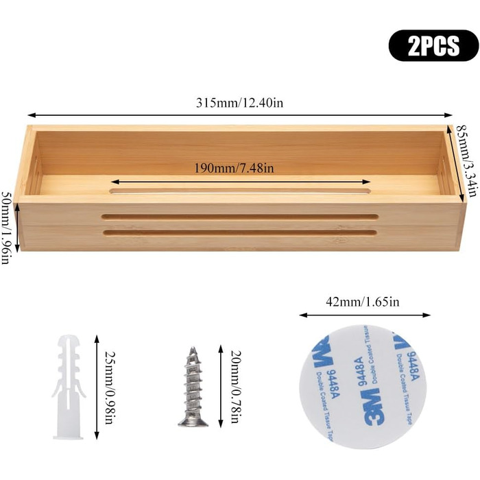 Секційна бамбукова підставка для спецій настінна з гвинтом, клейка наклейка бамбукова підставка для спецій тримач для спецій можна використовувати на дверцятах шаф або холодильника, стоячи або підвішуючи, для дому, офісу, кухні, ванної кімнати, 2-
