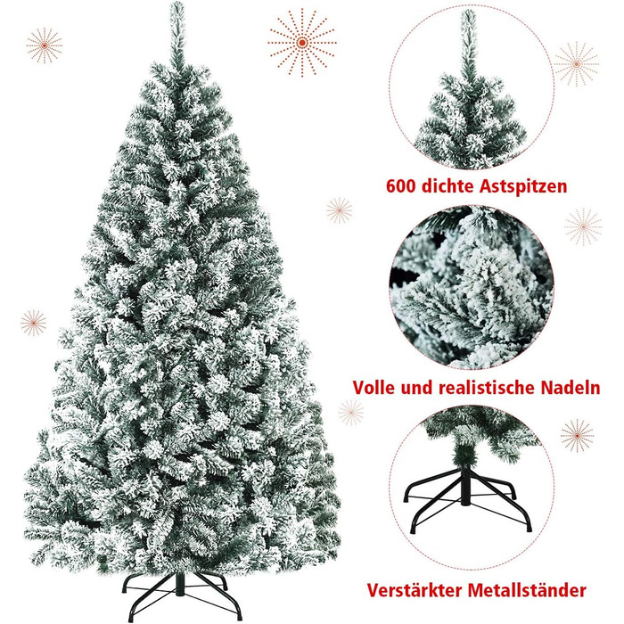 Штучна ялинка COSTWAY 180/225 см зі снігом, ялинка з металевою підставкою, ПВХ голки, складна штучна ялинка, ідеально підходить для дому, офісу, магазинів та готелів (180 см) 180 см