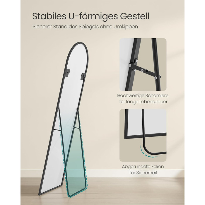 Дзеркало SONGMICS на весь зріст, 160 x 50 см, вигнуте дзеркало-стійка, рама з алюмінієвого сплаву, загартоване скло, для спальні, вітальні, шафи, чорний колір LFM031B01 160L x 50B см