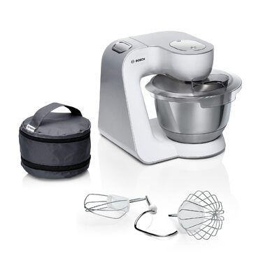 Кухонна машина Bosch Serie 4 MUM58200 гак для замісу, вінчик та міксер з нержавіючої сталі, чаша зі сталі (можна мити в посудомийній машині), 3D-система змішування, білий/сріблястий