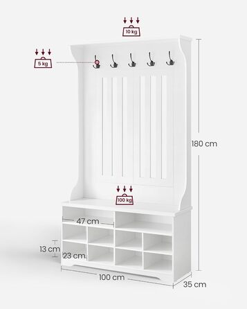 Вішалка для верхнього одягу VASAGLE з лавкою для взуття, шафа, місце для зберігання взуття, 5 потрійних гачків, окремостояча, компактна, для вхідної зони, коридору, регульовані полиці, хмарно-білий HSR404T10