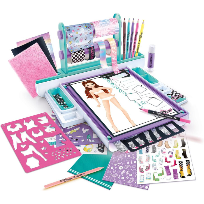 Стиль для всіх - Планшет для дизайнера одягу - Набір для творчого малювання та рукоділля для дітей віком від 6 років - Повний кейс для студії дизайну одягу з тканинами, трафаретами та наклейками - Студія дизайнера одягу OFG 276