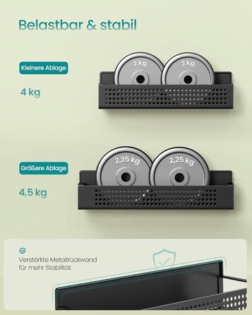 Магнітна полиця для спецій SONGMICS, набір з 4 шт. , 2 великі та 2 малі полиці, органайзер для спецій без свердління, магнітна полиця, для кухні, холодильника, мікрохвильової печі, пральної машини, чорний колір KCS061B01, легована сталь чорного кольору