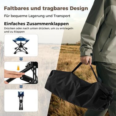 Складаний стілець COSTWAY, обертовий на 360 кемпінговий стілець, складний стілець з ніжками, що запобігають прогинанню, та сумкою для перенесення, портативний кемпінговий стілець, вантажопідйомність до 150 кг, рибальський стілець для кемпінгу, полювання, 