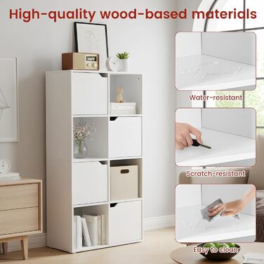 Книжкова полиця для кабінету, спальні та вітальні, книжкова шафа з 4 дверцятами та 8 відділеннями, полиця для зберігання, окремостояча полиця, офісна полиця, полиця для файлів, полиця для папок, 60 x 30 x 120 см