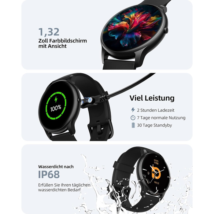 Розумний годинник Parsonver для чоловіків із функцією телефону, фітнес-годинник для чоловіків та жінок із крокоміром, понад 100 спортивних режимів, водонепроникність IP68, спортивний годинник із монітором серцевого ритму та сну, для Android та iOS, чорний