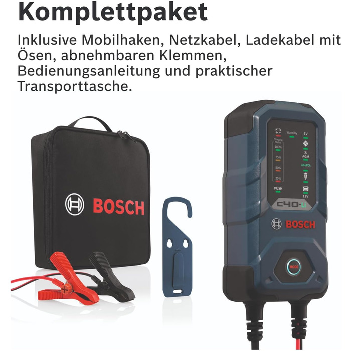 Зарядний пристрій Bosch C40-Li, 5 А, з функцією крапельного заряду - Автомобільний зарядний пристрій для свинцево-кислотних, AGM,