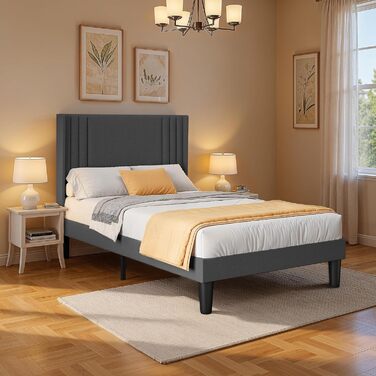 М&39яке ліжко 120x200 см, каркас ліжка з узголів&39ям та рейковою основою, м&39який каркас ліжка, міцне тканинне ліжко для дорослих та підлітків, темно-сірий колір, 120x200 см