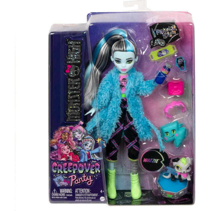 Лялька MONSTER HIGH та аксесуари для ночівлі, лялька Френкі Штайн з собакою Вотзі, вечірка Creever, піжамний комплект Френкі Штайн HKY68