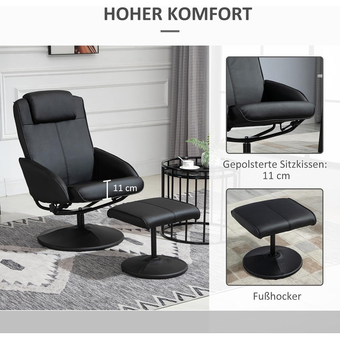 Крісло для телевізора HOMCOM з пуфом для ніг, поворотне на 360 з функцією відкидання, крісло для телевізора, крісло для читання для вітальні, спальні, штучна шкіра, чорний колір