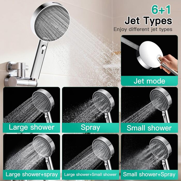 Економна душова лійка високого тиску, 7 режимів струменя з верхнім розпилювачем, велика ручна лійка 135 мм, душова лійка з функцією захисту від накипу, хромована