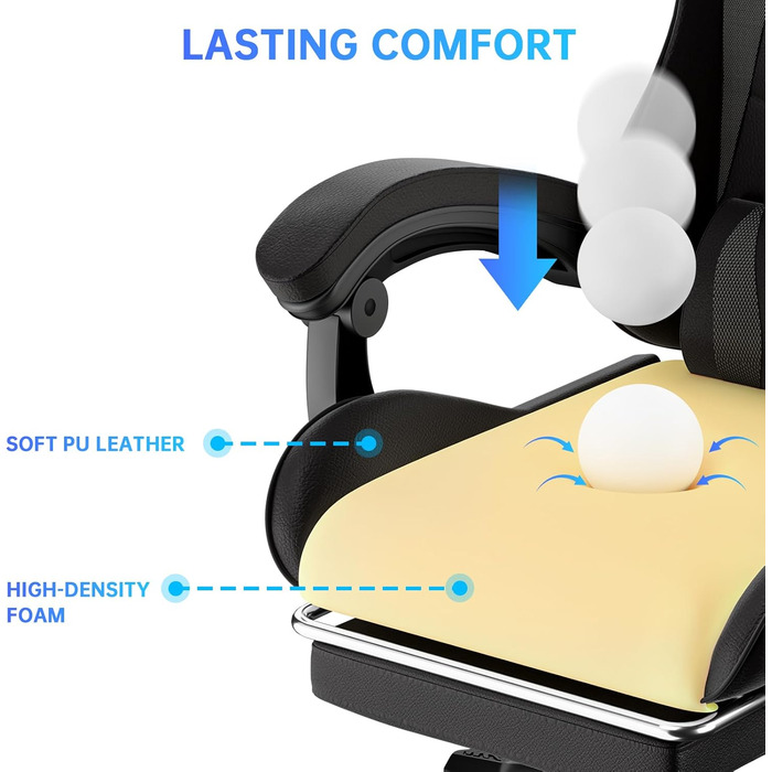 Геймерське крісло з висувною підставкою для ніг та регульованою поперековою опорою, ергономічне комп&39ютерне крісло з синтетичної шкіри з можливістю нахилу 90-155, офісне крісло з піни з ефектом пам&39яті та подушкою для шиї (чорне)