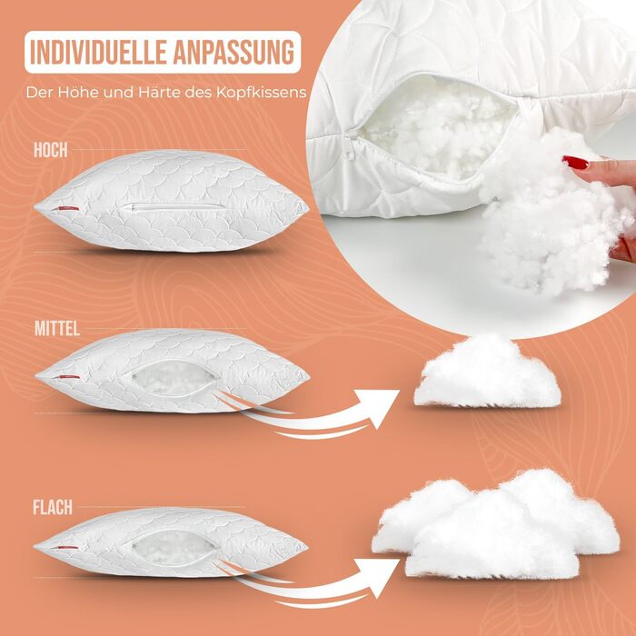 Комплект із 2 стьобаних преміум-подушок, 50x90 см, гіпоалергенний - проти кліщів - без запаху, готовий до використання - регульована жорсткість (комплект із 2 шт., 50x90 см)