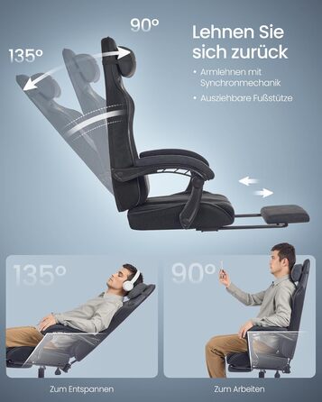 Ігрове крісло SONGMICS, офісне крісло, стілець для роботи, ергономічне ігрове крісло, пружинна подушка сидіння, підставка для ніг, підлокітники з синхронним механізмом, чорний колір OBG079B01