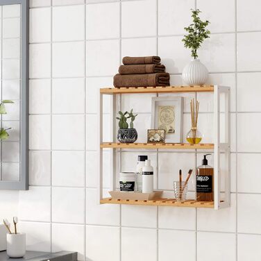 Полиця для ванної кімнати SONGMICS, бамбукова полиця, полиця для рослин з 3 регульованими полицями, настінна, окремостояча, для вітальні, коридору, кухні, 60 x 15 x 54 см, натуральний та білий BCB13WN білий натуральний