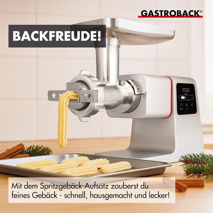 Електрична м'ясорубка GASTROBACK 6-в-1 з насадками для ковбас та печива, 2500 Вт, нержавіюча сталь, сенсорний екран, з пресом для бургерів