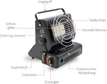 Портативний газовий обігрівач та газова плита 2-в-1 поворотний на 90 міні-обігрівач для кемпінгу керамічний пальник газовий обігрівач функція приготування їжі, обігрівач для намету (4 газові картриджі)