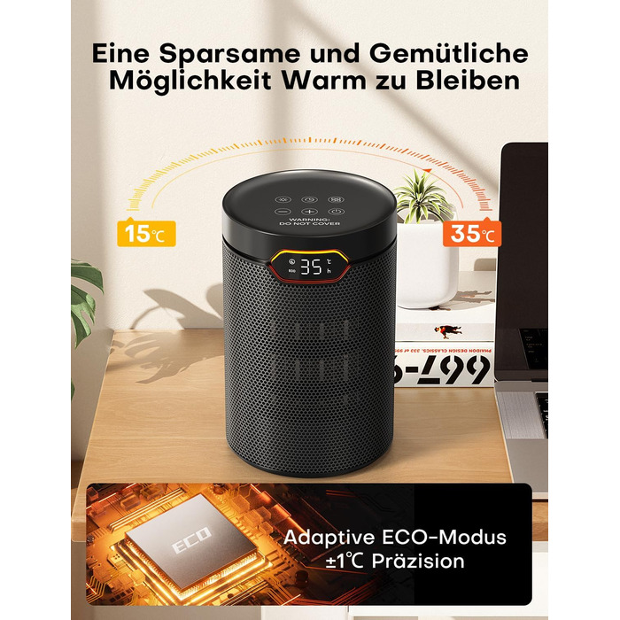 Тепловентиляторний обігрівач PTC потужністю 1500 Вт, енергозберігаючий з режимом ECO, 4 режими нагріву, режим бризу, термостат, 24-годинний таймер, пульт дистанційного керування, захист від перегріву та перекидання, портативний та тихий, для дому та офісу