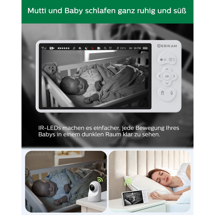 Дюймовий радіоняня Sebikam з 2 камерами, екран HD 720P, відеоняня, батарея 4000 мАг, відеоняня PTZ 355, режим VOX, нічне бачення,