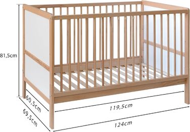 Дитяче ліжко Nelly 120x60 см Дитяче ліжко Натуральний/Білий Бук Регульована висота у 2 напрямках 3 знімні перекладини Сертифіковано EN 716