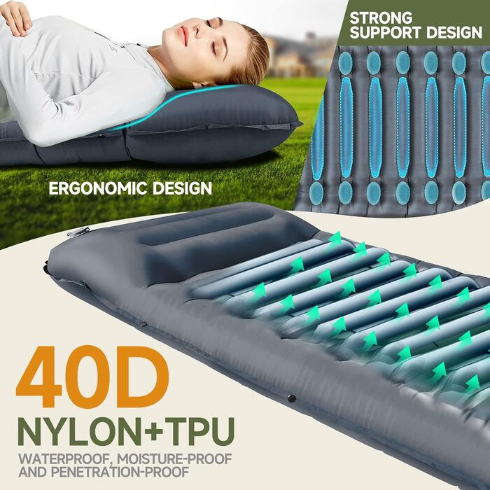 Килимок для сну для кемпінгу з ножним насосом, покращений потовщений килимок для сну на відкритому повітрі з подушкою для походів, наметів, активного відпочинку, пляжу, трекінгу, подорожей, темно-синій