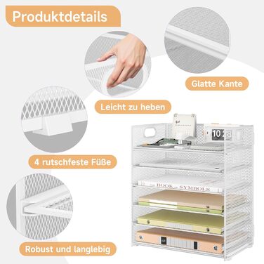 Органайзер для столу VITVITI, 6-ярусний лоток для листів, штабелювані тримачі для файлів, лотки з ручками, канцелярське приладдя для документів A4, паперу, книг, журналів (білий) 6-ярусний білий