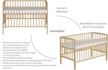 Дитяче ліжечко Micky Plus - Натуральний лак - Ліжечко 60120 см - Плавне регулювання висоти 3-в-1 - Ліжечко з бортиками для перетворення та системою ременів безпеки - Чудово підходить для ліжок з пружинним блоком