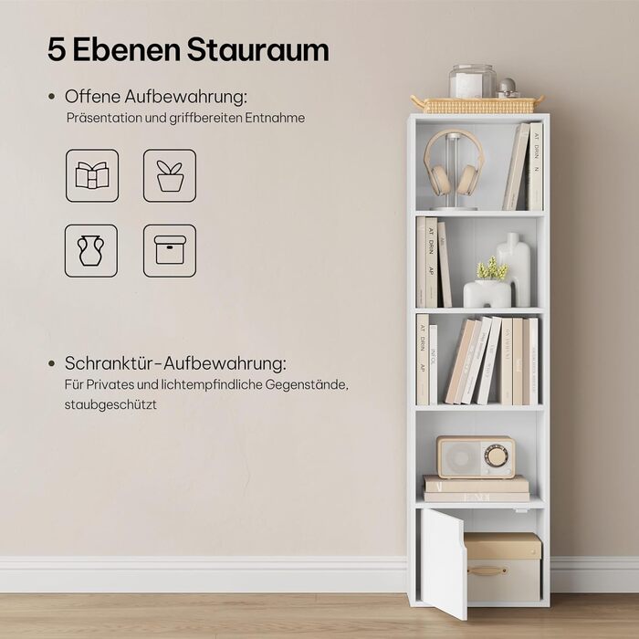 Біла книжкова полиця eSituro, вузька полиця з дверцятами, 5 відділень, окремостояча кубічна полиця для вітальні, спальні, офісу, 5 відділень, біла