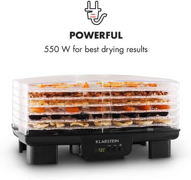 Дегідратор, дегідратор, сушарка для фруктів, м'яса та фруктів, 6 рівнів, штабельована, 550 Вт, регульована температура, робота з конвекцією, РК-дисплей, без бісфенолу А, чорний