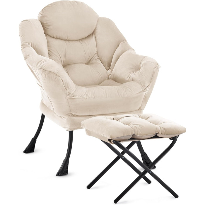 Крісло-ліжко з оттоманкою, крісло для вітальні, крісло з відкидною спинкою та підставкою для ніг, зручне крісло для читання, шезлонг з підставкою для ніг, крісло-реклайнер з підставкою для ніг, бічна кишеня, бежевий