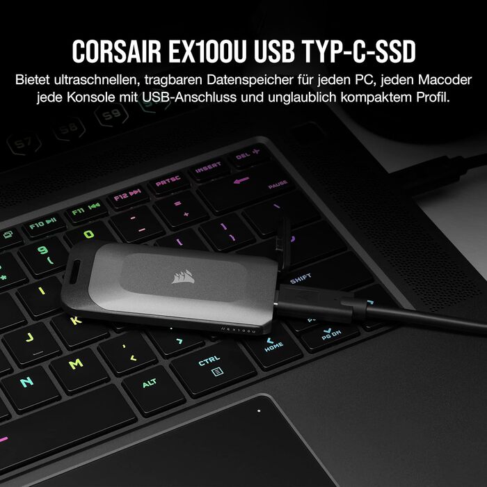 Портативний USB-накопичувач Corsair EX100U на 1 ТБ з інтерфейсом USB Type-C - надшвидкий для будь-якого ПК/машини/консолі, Gen2 x2, Plug-and-Play, у комплекті кабелі USB Type-C і USB Type-A - чорний