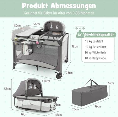 Дорожнє ліжечко 5-в-1 для немовлят з матрацом, 110 x 78 см, Ліжечко Side-by-Side з колискою та пеленальний килимок, Повний комплект дитячого ліжка для новонароджених та дітей до 36 місяців (сірий)