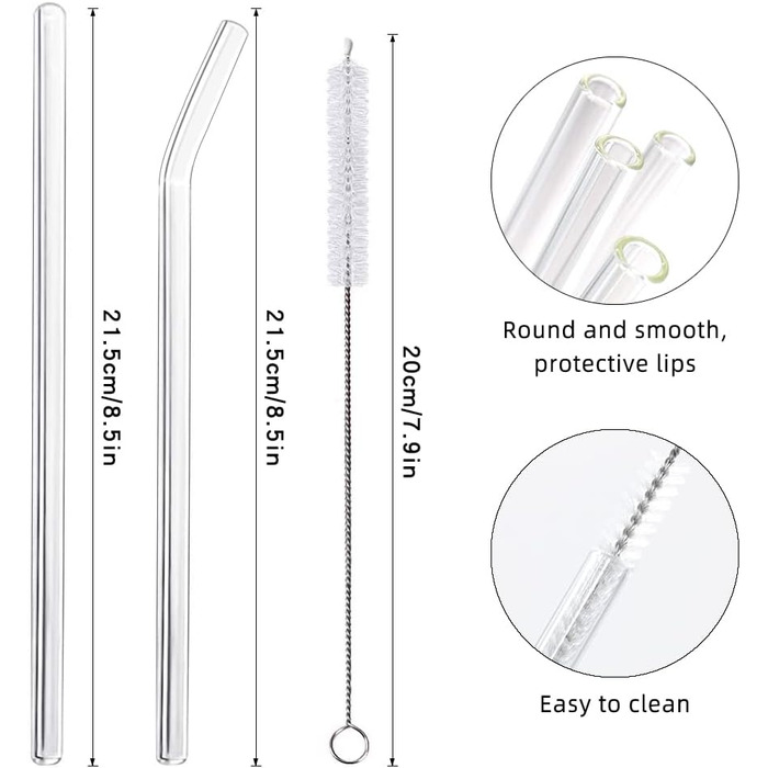 Скляні соломинки багаторазові 16 шт. - 6 прямих скляних соломинок і 6 вигнутих скляних соломинок 21,5см з 4 щітками для чищення, п