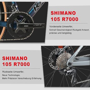 Шосейний/гравійний велосипед 28 дюймів з карбоновою рамою та вилкою, дисковими гальмами Shimano 22 швидкості, карбоновим кермом та підсідельним штирем для чоловіків та жінок, червоний, 53 см