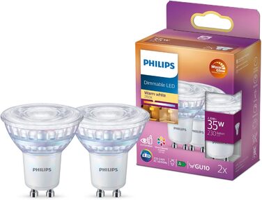 Лампи Philips LED Classic GU10 Warm Glow (50 Вт), світлодіодні плями з рефлектором із регулюванням яскравості та теплим білим світлом, енергозберігаючі лампи з тривалим терміном служби (35 Вт, 2 упаковки, Warmglow Dimmable)