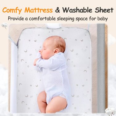 Дитяча колиска-ліжечко для новонароджених, портативне дитяче ліжечко з колесами, кошик для зберігання, матрац, регульована висота в 7 положеннях, додаткове ліжко (світло-сірий)