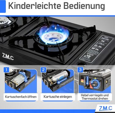 Газова плита для кемпінгу ZMC, 2 конфорки, 2,5 кВт, включаючи адаптер для підключення зрідженого газу та футляр для зберігання. Комплект кемпінгової плити з газовими картриджами та грильною пластиною (можна вибрати), з п&39єзорозпалом, для використання на