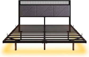 Ліжко-платформа 120 x 200 см з LED-підсвічуванням та USB-зарядною станцією, металевий каркас ліжка-платформи з м&39яким узголів&39ям для зберігання речей, міцні металеві ламелі, безшумне/темно-сірий колір
