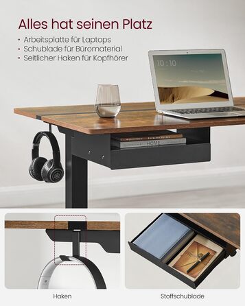 Електричний стіл VASAGLE з регульованою висотою, розеткою та шухлядою, 60 x 140 см, плавне регулювання висоти, функція пам&39яті з 4 висотами, вінтажний коричнево-чорний LSD114X01 140 x 60 см, вінтажний коричневий чорний