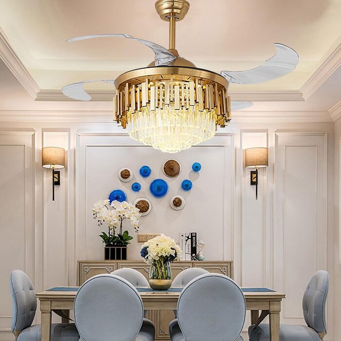 Тиха лампа вентилятора Сучасний кришталевий стельовий вентилятор круглий невидимий висувний вентилятор люстра світлодіодний з регу