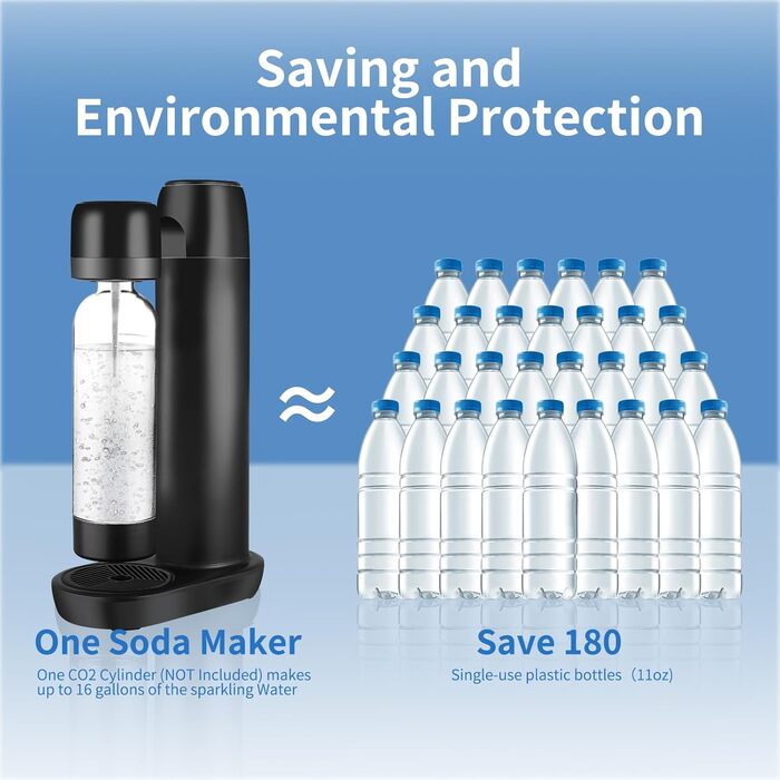 Акумуляторна содова машина Skyehomo з портативною ПЕТ-пляшкою без BPA об'ємом 1 л, автоматичним скиданням тиску, виробником газованої води матового чорного кольору, карбонатором, сумісним зі стандартним циліндром (не входить у комплект)