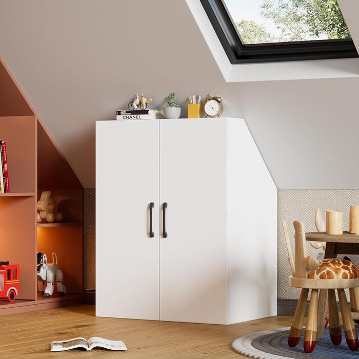 Похила стельова полиця MSFE з 2 дверима, 100x80x51,5 см, шафа для похилих стін у спальнях на горищі, біла дерев&39яна книжкова полиця, 4-рівнева полиця для похилих стель (2 двері)