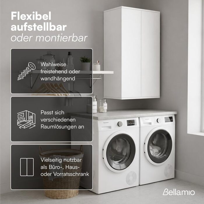 Багатофункціональна шафа Bellamio Ais, ширина 60 см вузька шафа для документів побутова шафа з 3 відділеннями білого кольору універсальна шафа 110 60 33 см настінна шафа з дверцятами, що відкриваються натисканням шафа для взуття, біла, 3 відділення