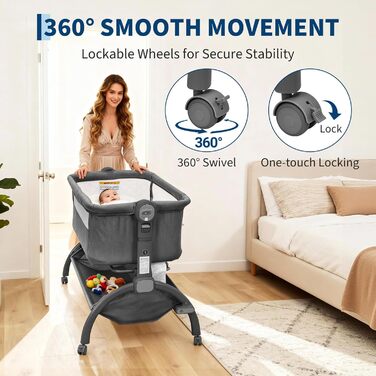 Дитяче ліжечко GarveeHome з дихаючою сітчастою конструкцією та регульованою висотою, готове до подорожей дитяче ліжечко з колесами, що обертаються на 360, конструкція проти ковтання для безпечного спільного сну, темно-сіре