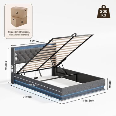 Ліжко Xbro з м&39якою підкладкою 140x200 з гідравлічним відділенням для зберігання, розетками та світлодіодним кільцевим освітленням, каркас ліжка з рейковою основою та ящиком для зберігання, двоспальне ліжко для спальні, сучасний дизайн, темно-сірий колі
