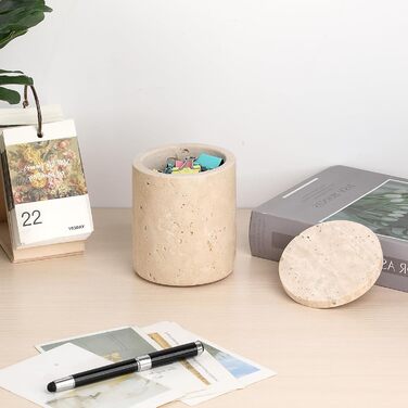 Травертиновий круглий сучасний ватний диск-диспенсер для ватних дисків з кришкою, тримач для макіяжу, для ванної кімнати, спальні, туалетного столика, раковини, готелю, офісу, жіночі подарунки (9,3x11,5 см)